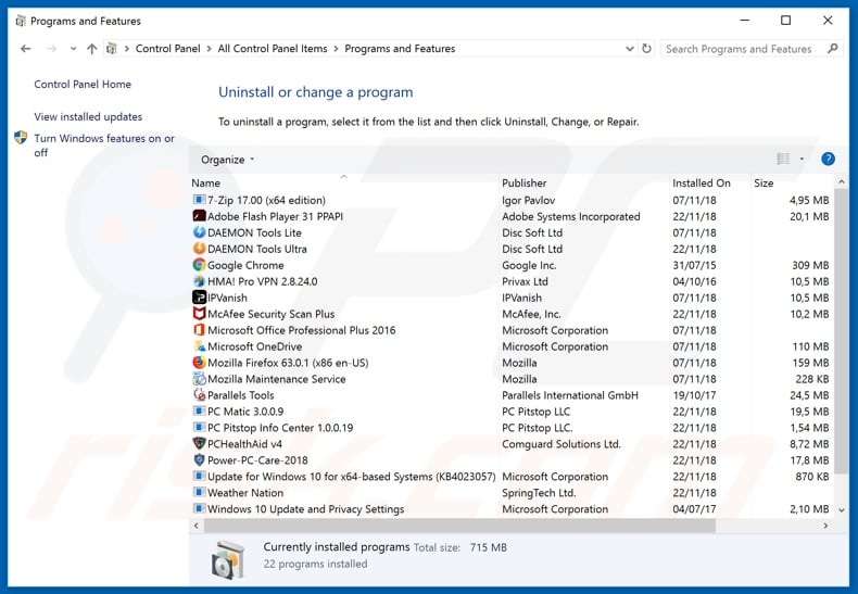 Desinstalador do sequestrador de navegador s3arch.page via Painel de Controlo