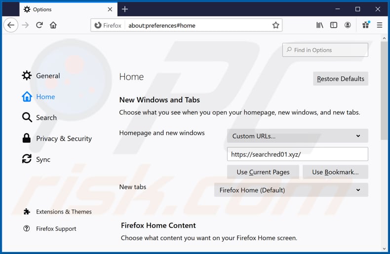 Removendo o searchred01.xyz da página inicial do Mozilla Firefox