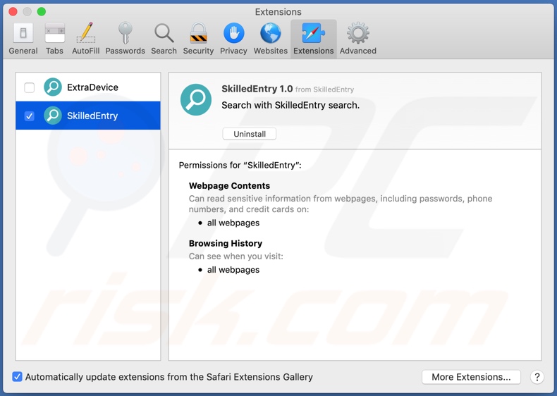 Adware SkilledEntry instalado no Safari