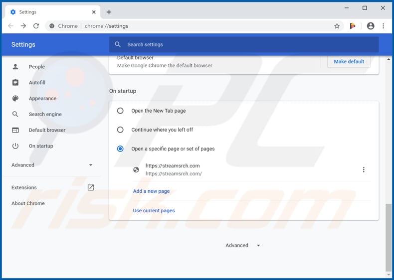 Removendo o streamsrch.com da página inicial do Google Chrome