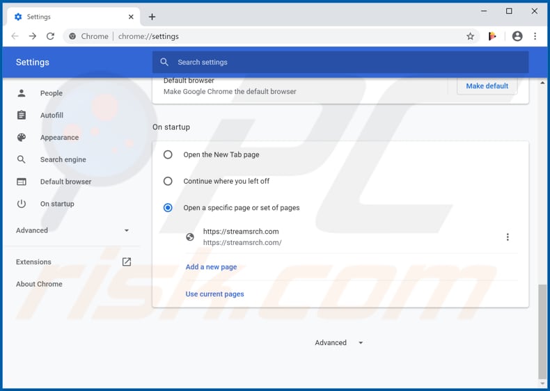 Removendo o streamsrch.com da página inicial do Google Chrome
