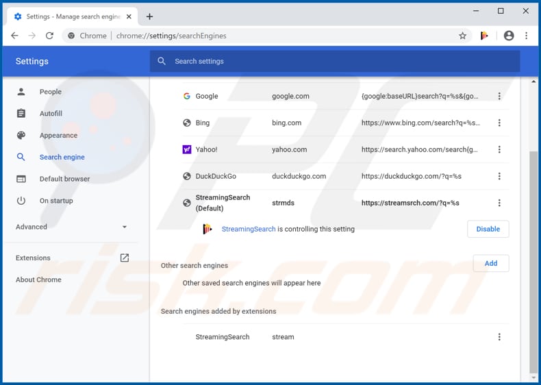 Removendo streamsrch.com do mecanismo de pesquisa padrão do Google Chrome