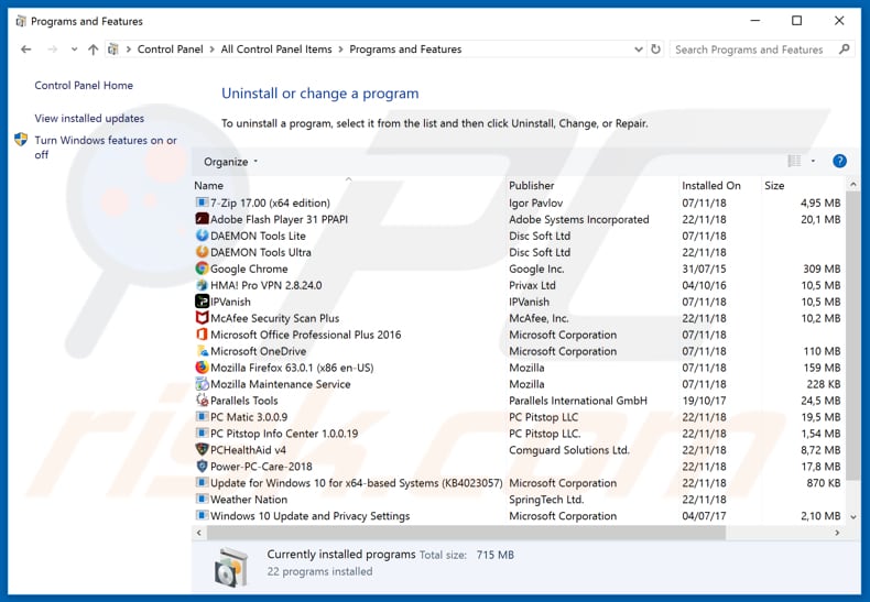 Desinstalador do sequestrador de navegador streamsrch.com via Painel de Controlo