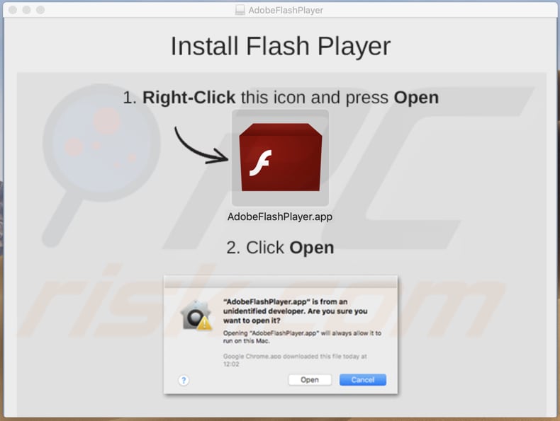 primeiro passo da instalação do instalador do Fake flash player update