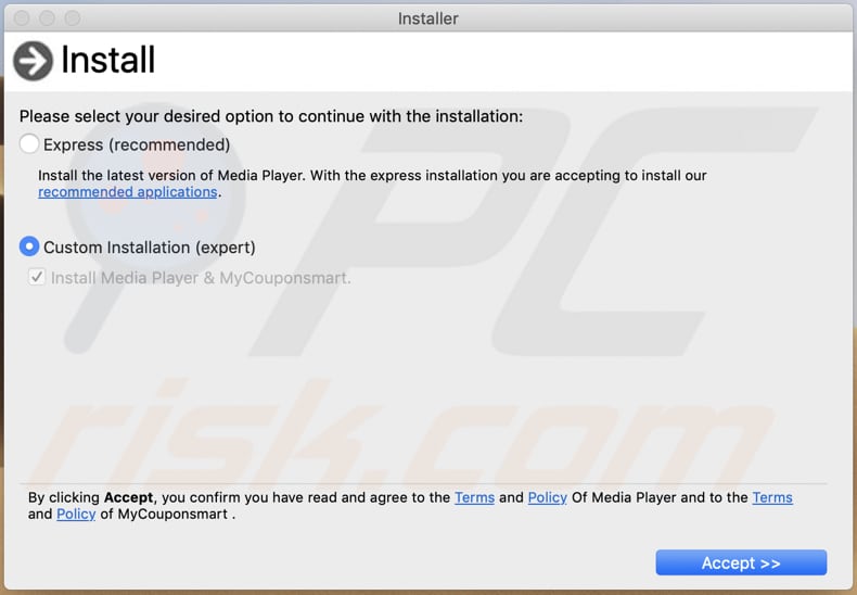 primeiro passo da instalação do instalador do Fake flash player update