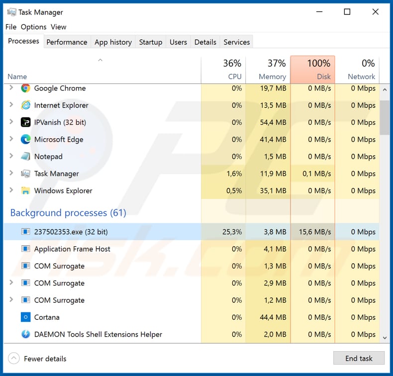 processo malicioso avvadon 237502353.exe no Gestor de Tarefas