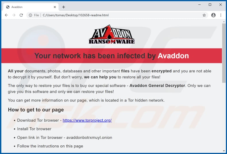 Instruções de desencriptação do Avaddon (readme.html)