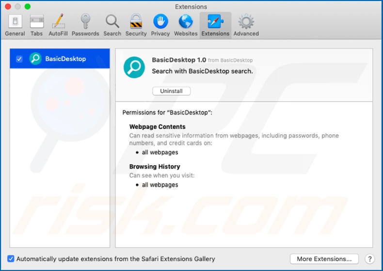 Adware BasicDesktop instalado no navegador Safari