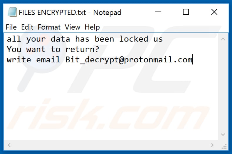 Ficheiro de texto do ransomware BOMBO (FILES ENCRYPTED.txt)