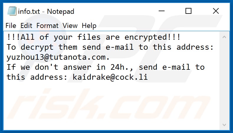 Ficheiro de texto do ransomware Chinz (info.txt)