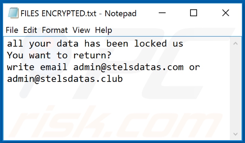 Ficheiro de texto do ransomware Club (FILES ENCRYPTED.txt)