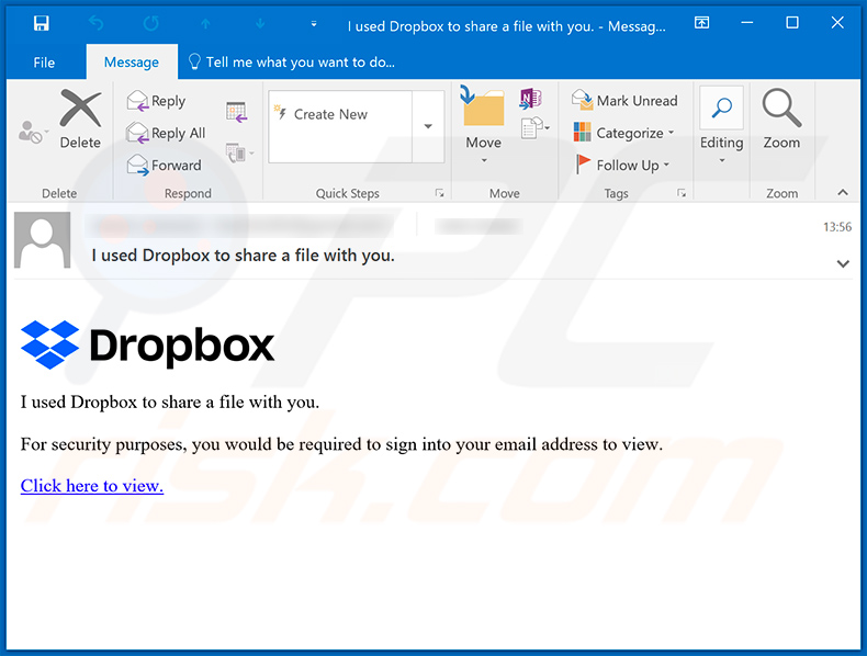 campanha de spam por email Dropbox Email Scam
