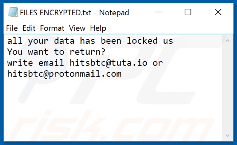 Ficheiro de texto do ransomware FRM (FILES ENCRYPTED.txt)