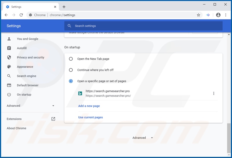 Removendo search.gamesearcher.pro da página inicial do Google Chrome