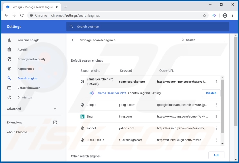 Removendo search.gamesearcher.pro do mecanismo de pesquisa padrão do Google Chrome
