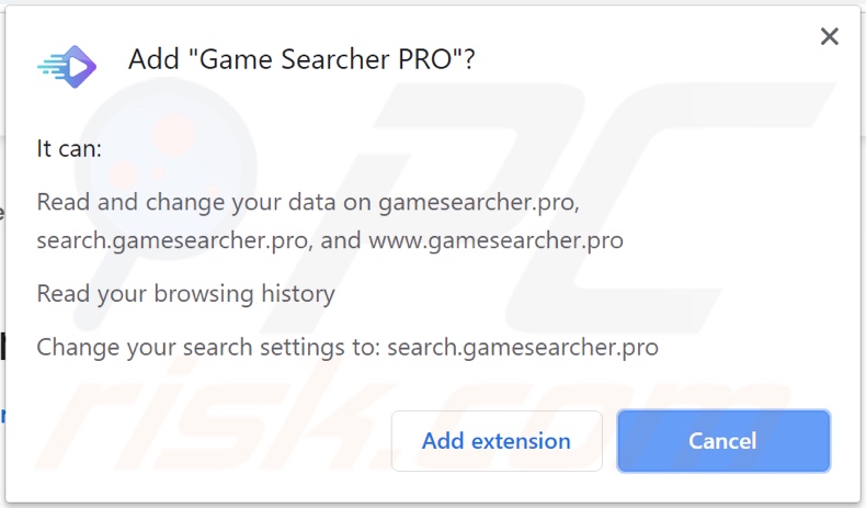 Sequestrador de navegador PRO do Game Searcher a pedir permissões
