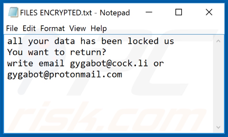 Ficheiro de texto de ransomware Gyga (FILES ENCRYPTED.txt)