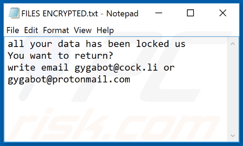 Ficheiro de texto de ransomware Gyga (FILES ENCRYPTED.txt)