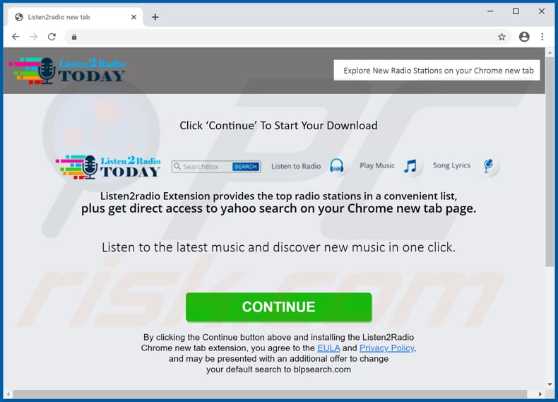 Site usado para promover o sequestrador de navegador ListenToRadio