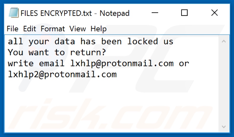 Ficheiro de texto do ransomware Lxhlp (