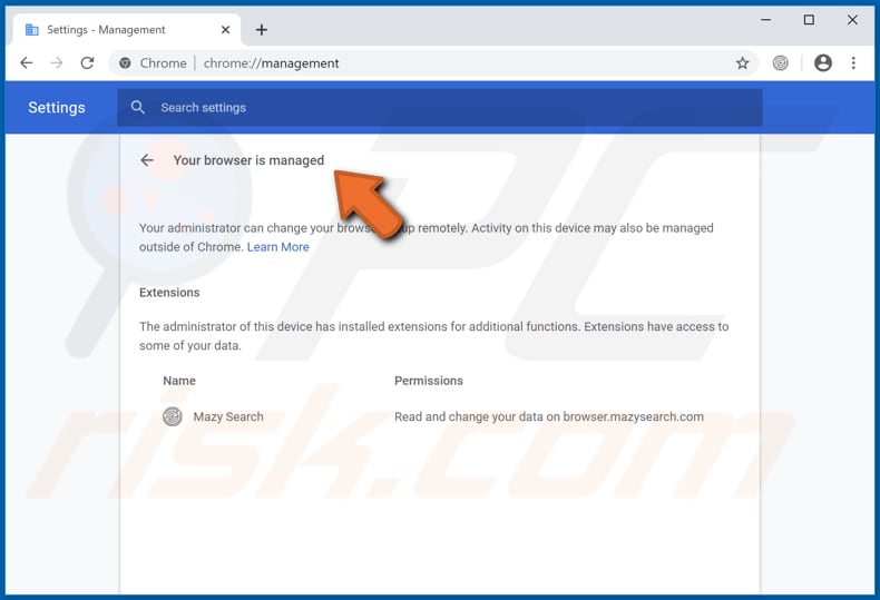 sequestrador de navegador de mazy search adiciona Managed by Your Organization