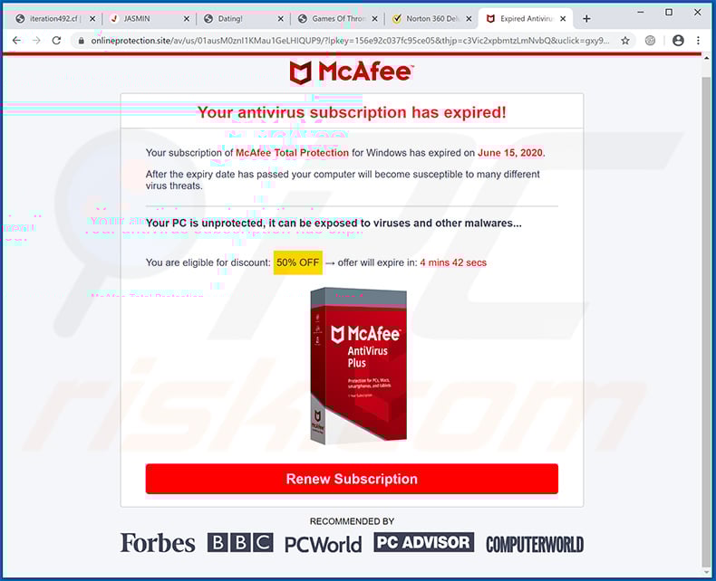Your McAfee Subscription Has Expired pop-up da fraude exibida por onlineprotection.site