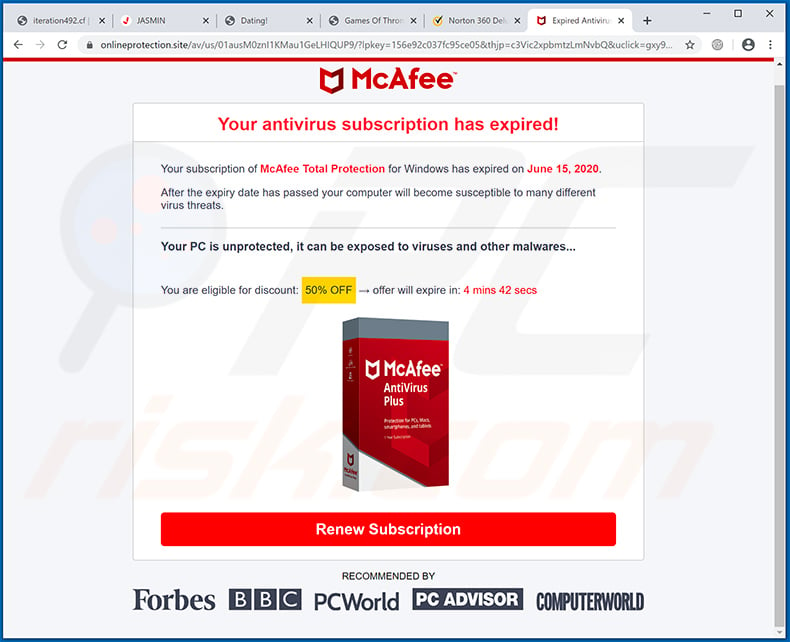 Your McAfee Subscription Has Expired pop-up da fraude exibida por onlineprotection.site