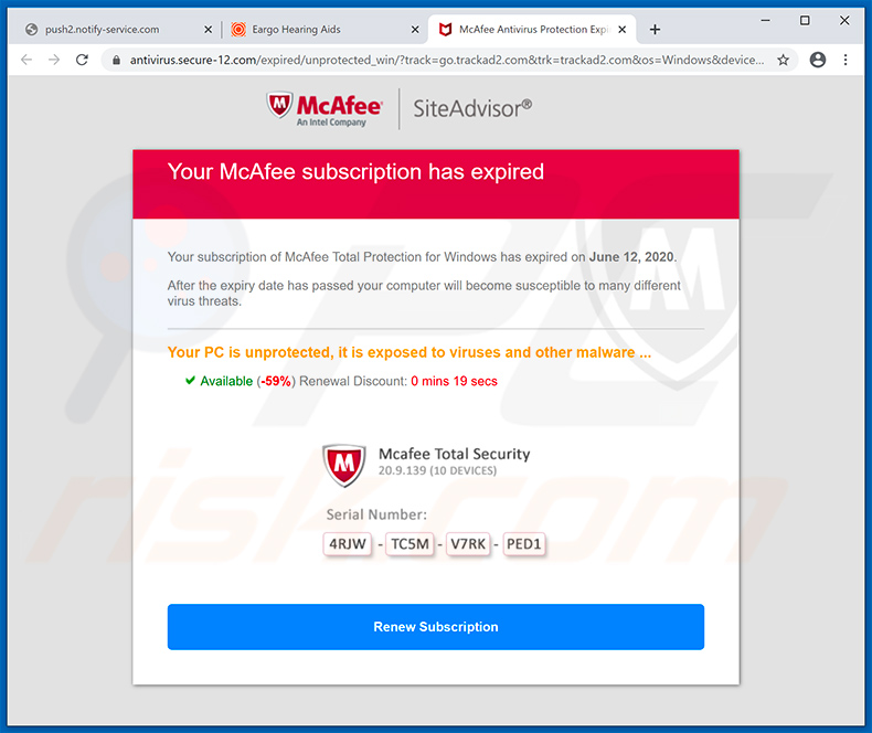 pop-up da fraude Your McAfee Subscription Has Expired (2020-06-16)