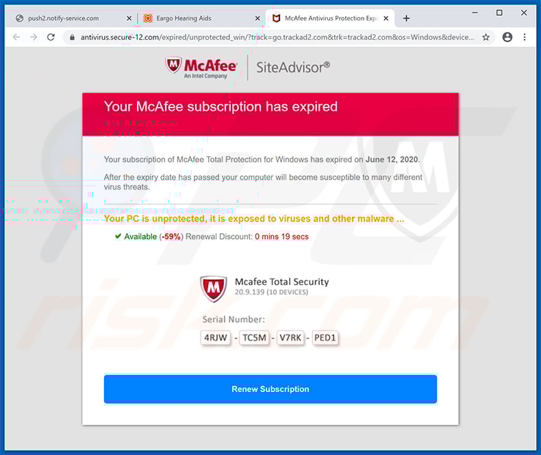 pop-up da fraude Your McAfee Subscription Has Expired (2020-06-16)