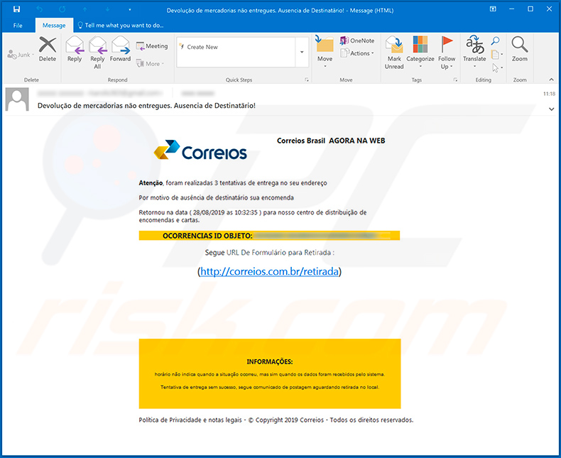 Email de spam que distribui o trojan Mispadu (exemplo 2)