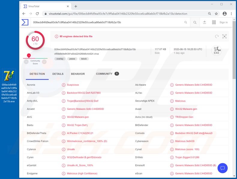 MyDoom malware detecções no VirusTotal