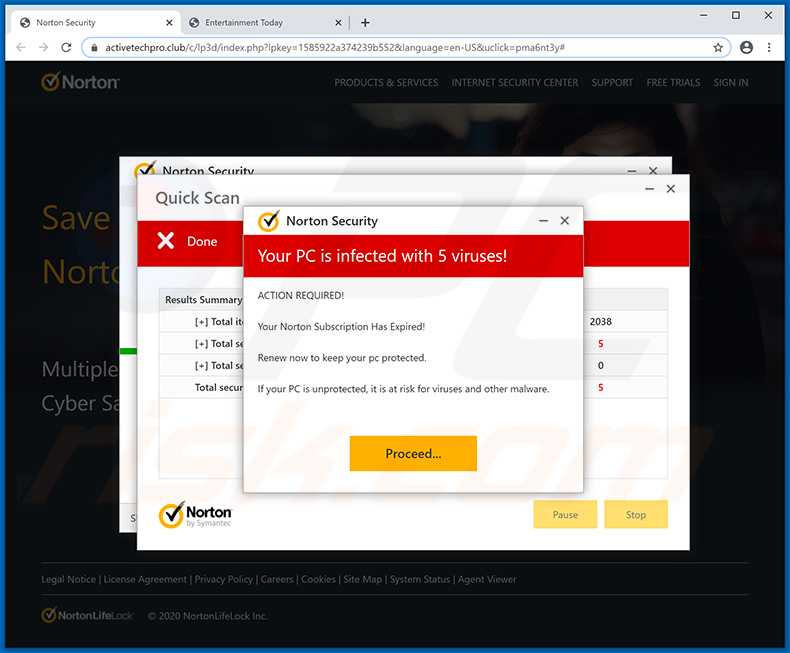 pop-up da fraude Norton Subscription Has Expired Today exibida por activetechpro.club