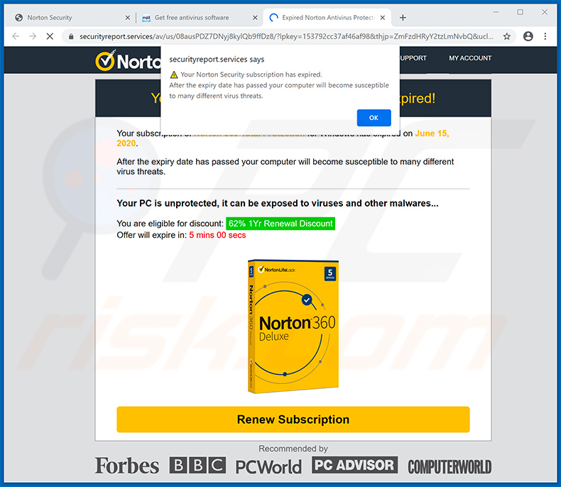 pop-up da fraude Norton Subscription Has Expired Today securityreport.services