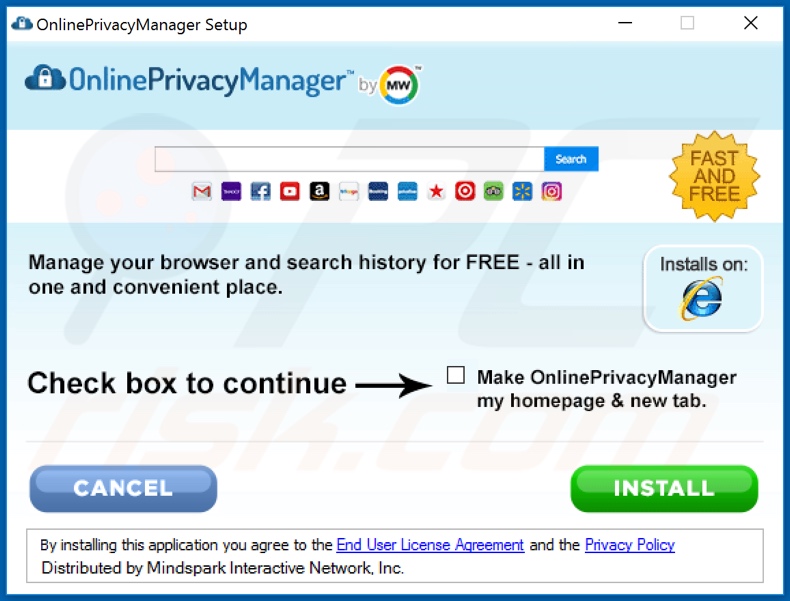 Configuração oficial da instalação do sequestrador de navegador OnlinePrivacyManager