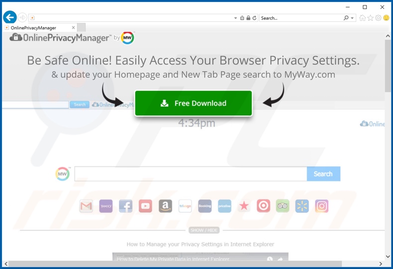 Site que promove o sequestrador de navegador OnlinePrivacyManager (Internet Explorer)