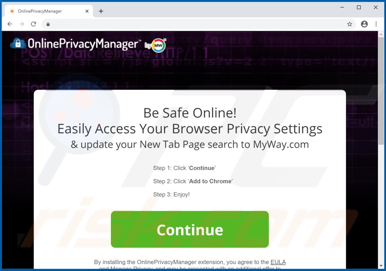 Site que promove o sequestrador de navegador OnlinePrivacyManager (Google Chrome)