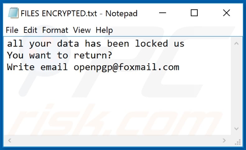 Ficheiro de texto ransomware PGP (FILES ENCRYPTED.txt)