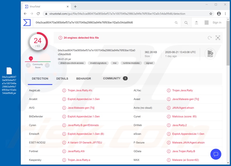 Detecções de do TAR Ratty em VirusTotal