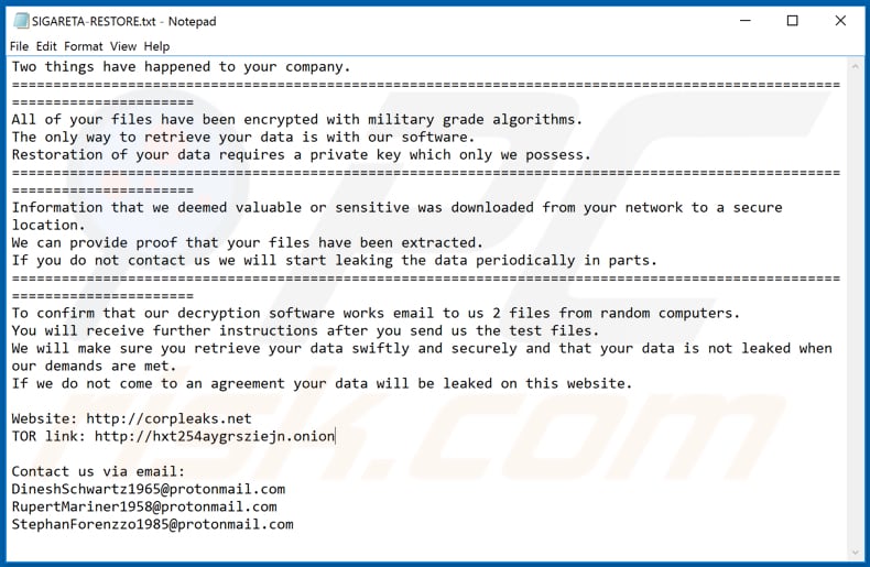 Instruções de desencriptação de SIGARETA (SIGARETA-RESTORE.txt)