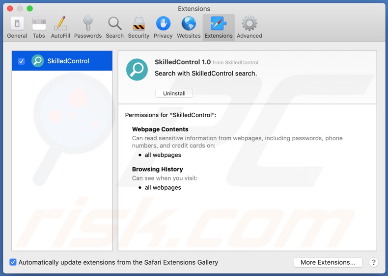 Adware SkilledControl instalado no navegador Safari