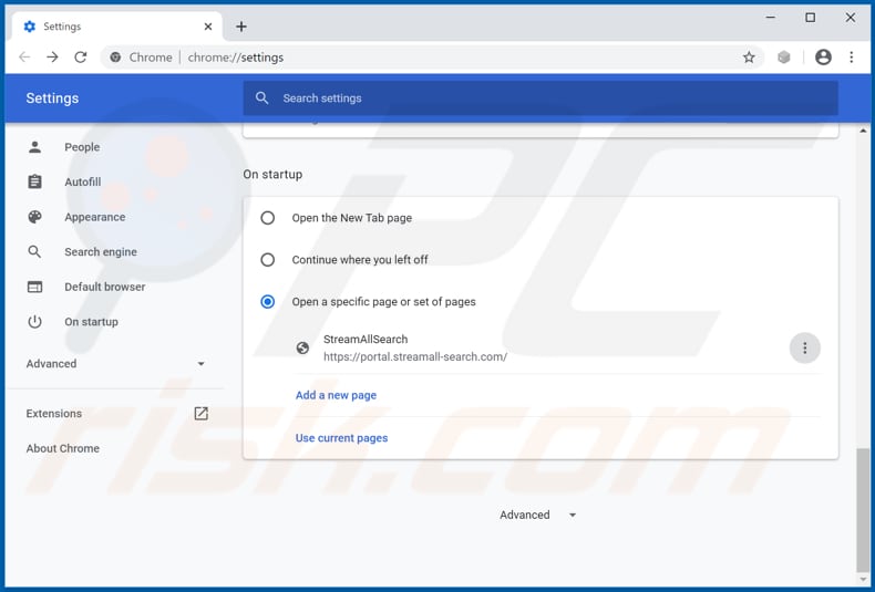 Removendo streamall-search.com da página inicial do Google Chrome
