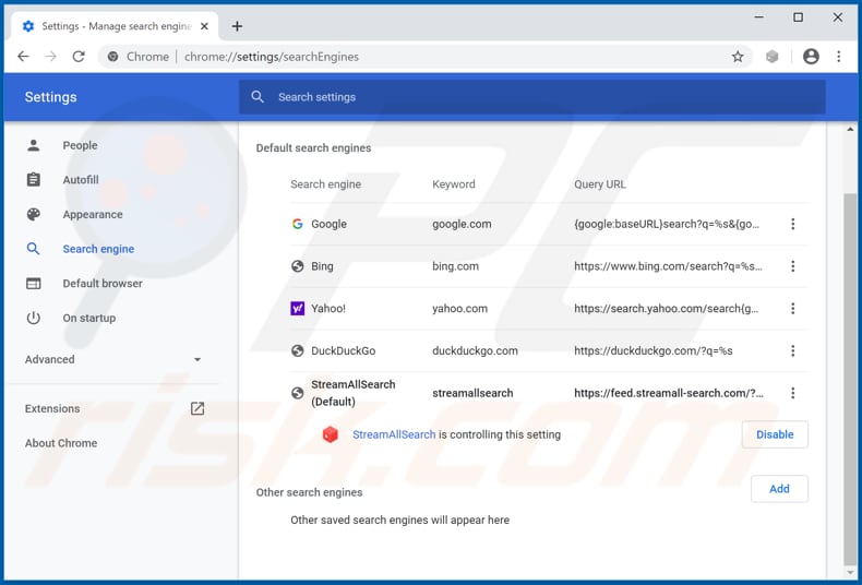 Removendo o streamall-search.com do mecanismo de pesquisa padrão do Google Chrome