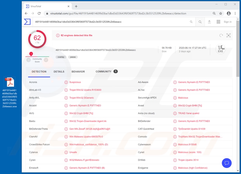 Detecções do malware Upatre no VirusTotal