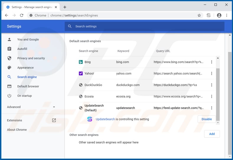 Removendo update-search.com do mecanismo de pesquisa padrão do Google Chrome