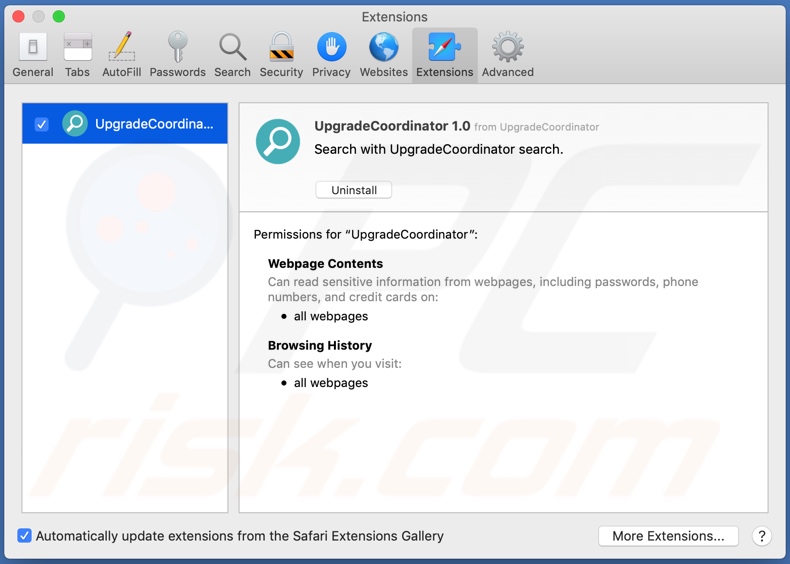 Adware UpgradeCoordinator instalado no Safari