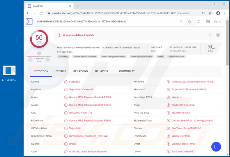 Detecções do malware VenomRAT em VirusTotal