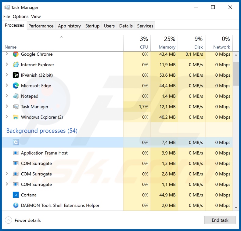 Processo do malware VenomRAT no gestor de tarefas