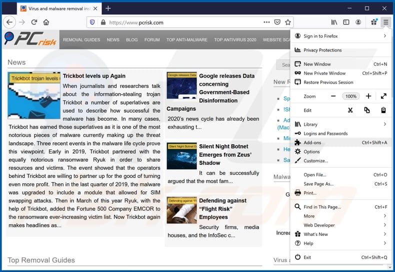 Remoção das extensões fraudulentas do Mozilla Firefox passo 1