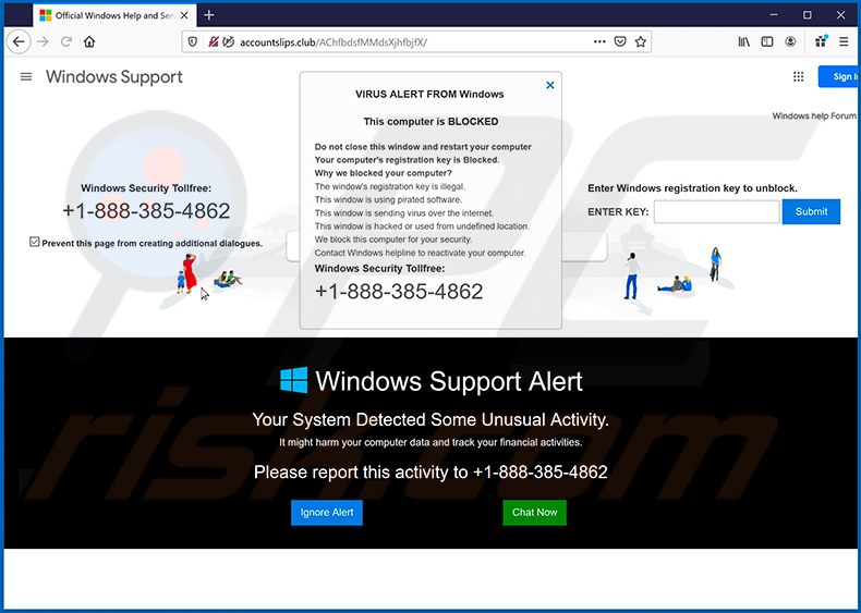 pop-up da fraude VIRUS ALERT FROM Windows (2020-06-18)
