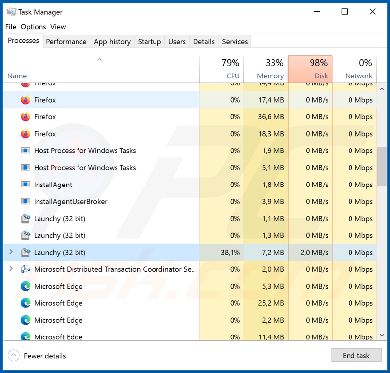 Processo de ransomware WastedLocker no Gestor de Tarefas (Launchy)